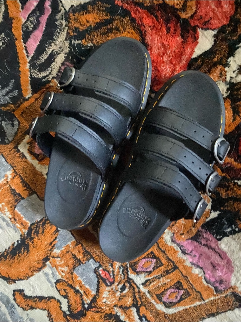 Dr. Martens Black Triple-Strap Slide Sandals with Yellow Stitching
